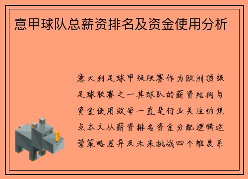 意甲球队总薪资排名及资金使用分析